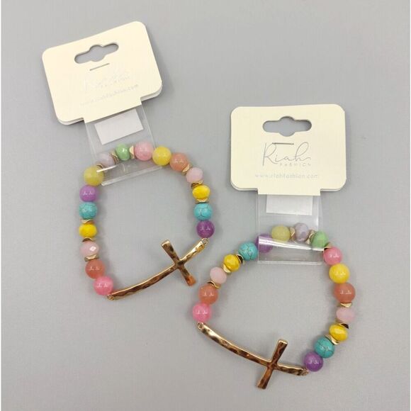 Set of 2 Cross Gold Tone Bracelet Beaded Hammered Catholic Religious Easter Gift - Picture 3 of 15